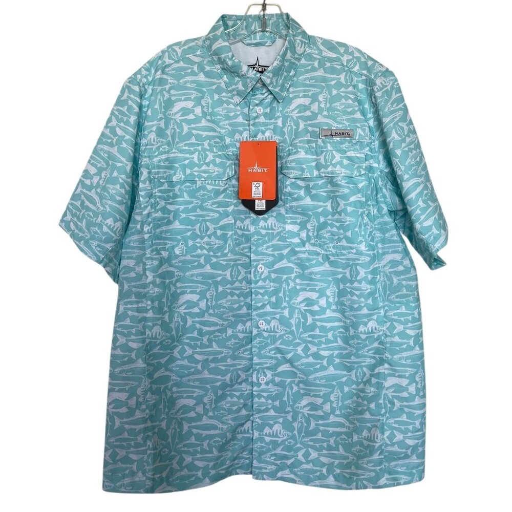 Habit Mens‎ Fishing Shirt size Large Aqua Blue White Fish Print UPF 50